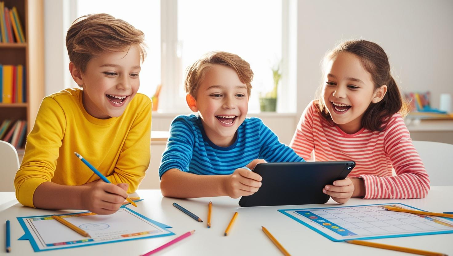 Children engaged in learning with a tablet and educational graphics